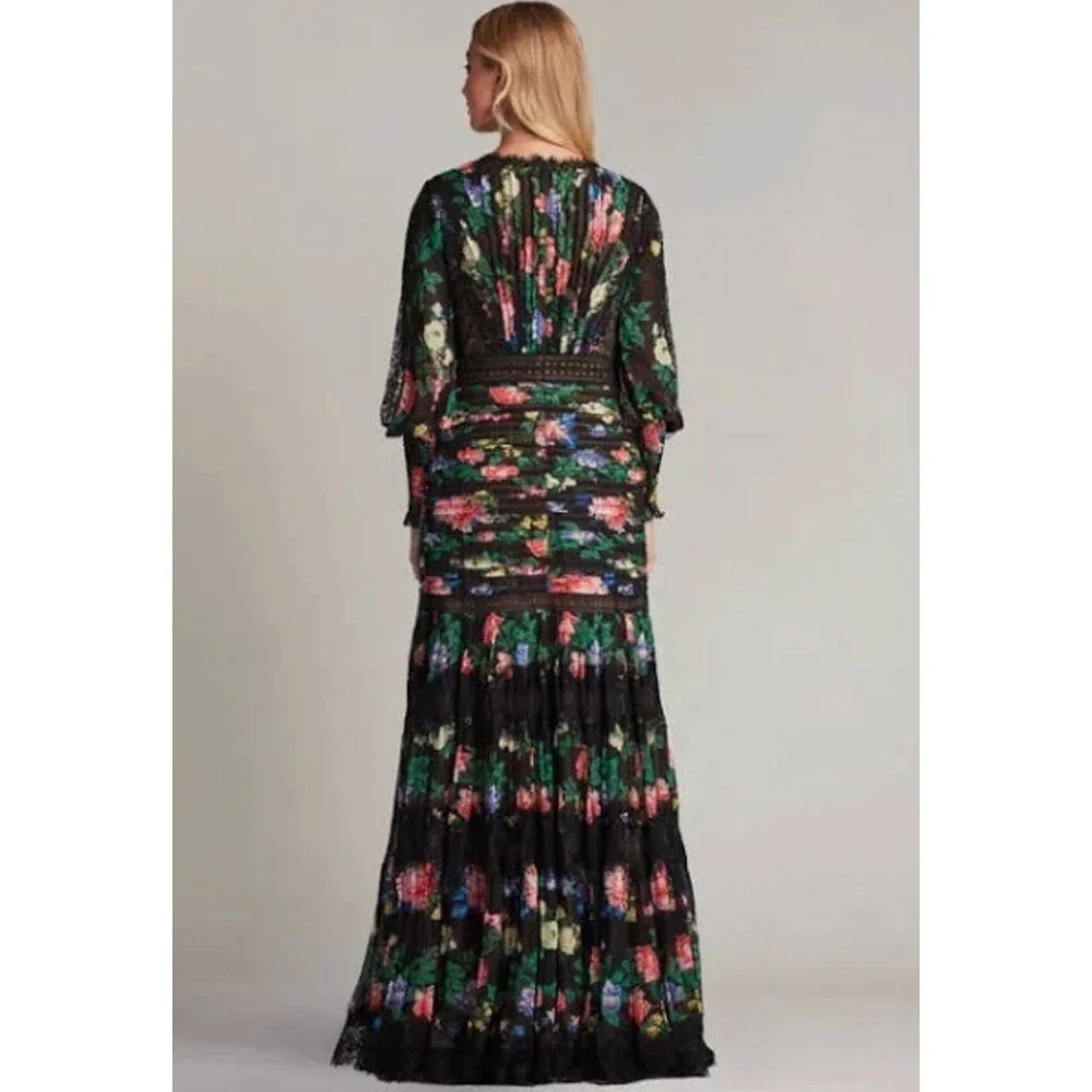 TADASHI SHOJI Lorely Floral Maxi Gown Balloon Sleeves V Neck Lace Black Size 8 - Picture 3 of 11